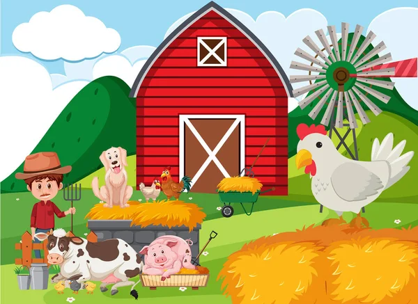 Cena Fazenda Com Agricultor Muitos Animais Ilustração Fazenda — Vetor de Stock