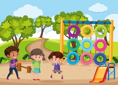 Park illüstrasyonunda arkadaşa zorbalık eden çocukların olduğu sahne