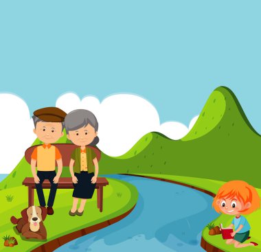 Park illüstrasyonunda yaşlı çift ve kızın kitap okuduğu sahne