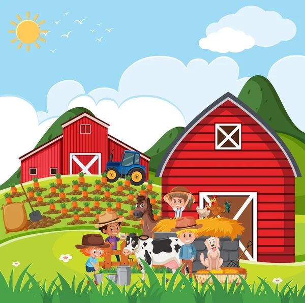 Çiftlik Illüstrasyonunda Birçok Çocuk Hayvanın Olduğu Bir Çiftlik Sahnesi — Stok Vektör