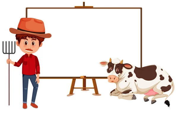 Farmer Cow Cartoon Character Blank Banner White Background Illustration — Stock Vector