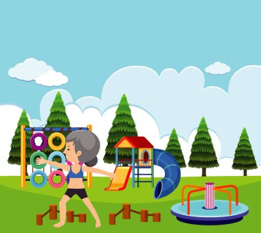 Park illüstrasyonunda yaşlı bir kadının yoga yaptığı sahne.
