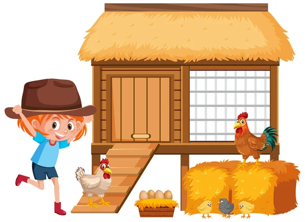 Niña Gallinas Granja Ilustración — Archivo Imágenes Vectoriales