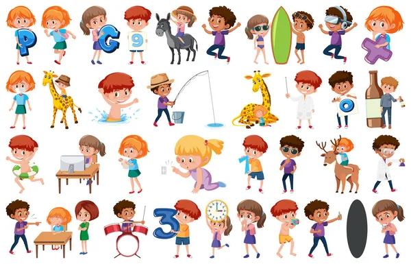 Grand Ensemble Enfants Faisant Différentes Activités Sur Fond Blanc Illustration — Image vectorielle