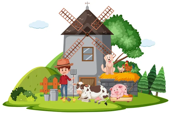 Αγροτική Σκηνή Αγρότη Και Πολλά Ζώα Στην Απεικόνιση Της Εκμετάλλευσης — Διανυσματικό Αρχείο