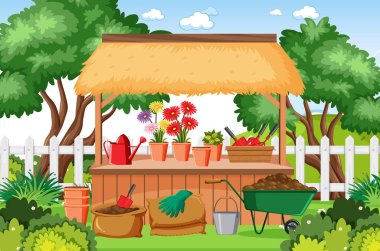 Çiçeklerle bahçe sahnesi ve birçok alet tasviri