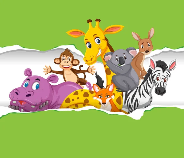 Wzór Tła Dzikimi Zwierzętami Zielonym Papierze Ilustracja — Wektor stockowy