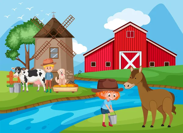 Farm Jelenet Gazdákkal Állatokkal Folyó Mellett Illusztráció — Stock Vector