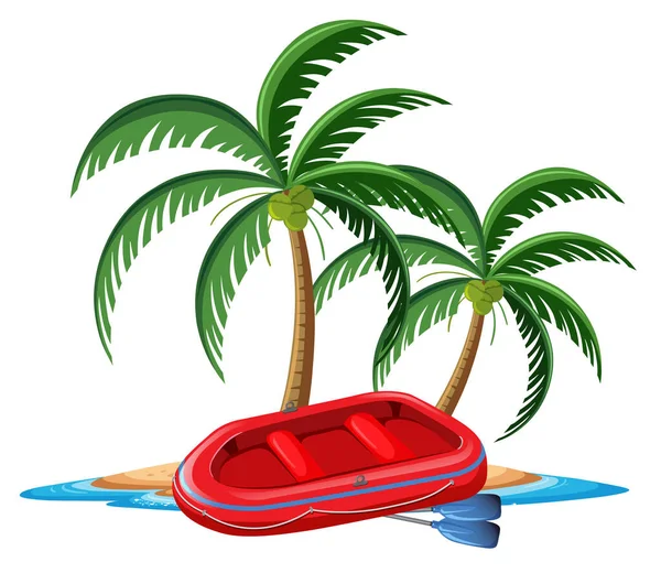 Red Inflatable Boat Tropical Island White Background Illustration — Stock Vector