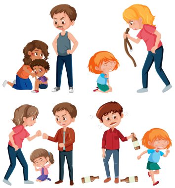 Domestic violence scene with parents bullying their kid illustration clipart