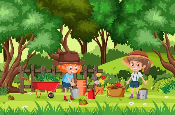 Cena Fundo Com Crianças Plantando Parque Ilustração —  Vetores de Stock