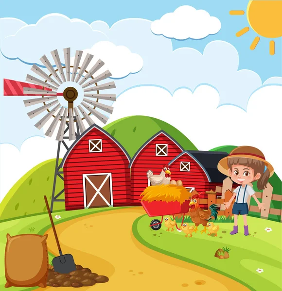 Αγροτική Σκηνή Κορίτσι Και Κοτόπουλα Στην Εικόνα Αγρόκτημα — Διανυσματικό Αρχείο