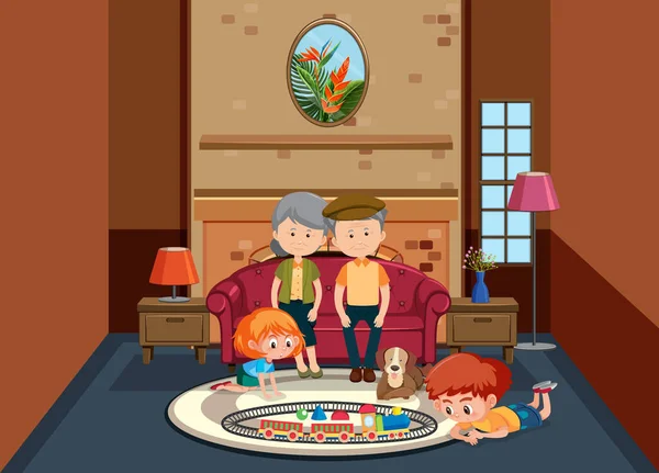 Background scene with old people and children at home illustration