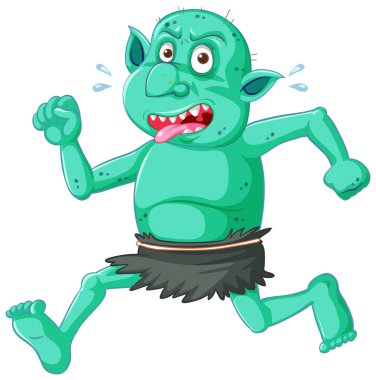 Çizgi film karakterinde komik yüzlü, koşan yeşil goblin ya da troll pozu