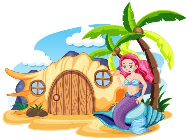 Sahildeki deniz kızı ve deniz kabuğu evi gökyüzü arkaplanındaki karikatür tarzı çizimler