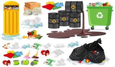 Beyaz arkaplan illüstrasyonunda izole edilmiş plastik çöp ve çöp simgesi kümesi