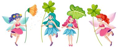 Beyaz arkaplanda çiçek çizgi film karakteri içeren bir dizi peri masalı.