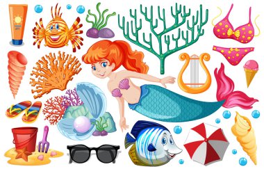 Beyaz arkaplan illüstrasyonunda deniz kızı ve yaz ikonu çizimi