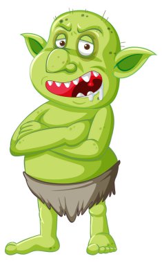 Yeşil goblin ya da troll duruşu karikatür karakteri içinde öfkeli yüzle izole edilmiş.