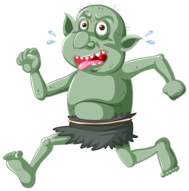 Koyu yeşil goblin ya da troll koşuyor komik yüzlü çizgi film karakteri izole edilmiş resimli.