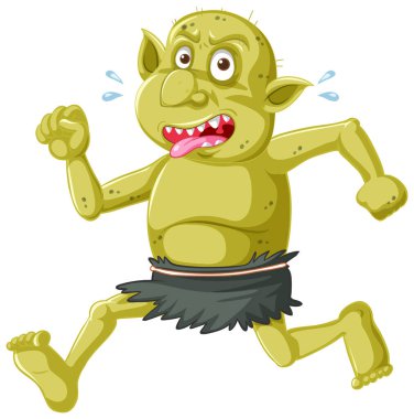 Çizgi film karakterinde komik yüzlü, koşan yeşil goblin ya da troll pozu