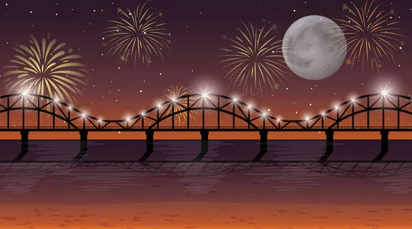 Fluss Mit Feier Feuerwerk Szene Illustration — Stockvektor