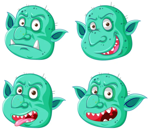 Conjunto Goblin Verde Cara Troll Diferentes Expresiones Estilo Dibujos Animados — Vector de stock