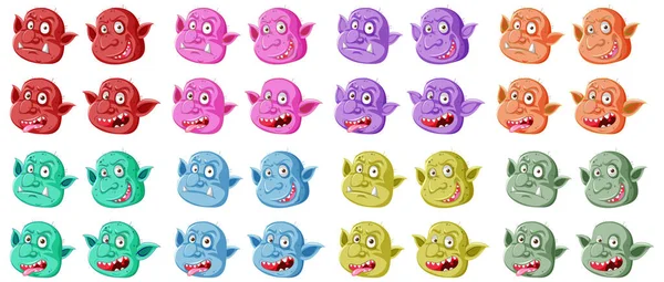 Set Goblin Colorato Troll Faccia Diverse Espressioni Stile Cartone Animato — Vettoriale Stock