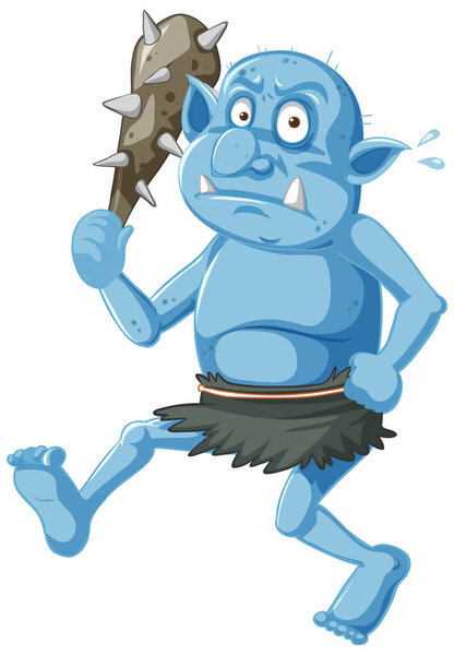 Голубой гоблин или тролль, держащий охотничий инструмент в изолированной иллюстрации персонажа мультфильма