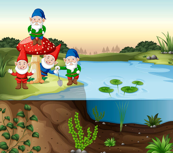 Gnomes group standing beside swamp in cartoon style illustration