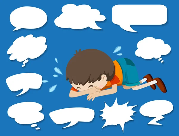 不同形式的言语泡沫和哭哭啼啼的男孩插图 — 图库矢量图片