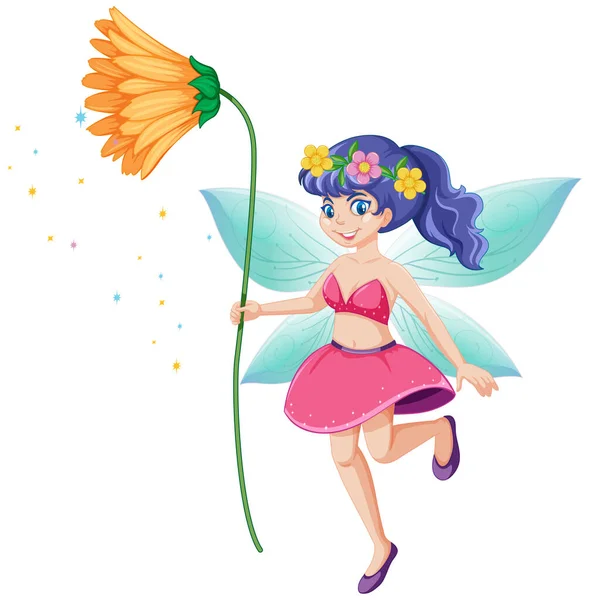 Cute Fairy Holding Yellow Flower Cartoon Character White Background Illustration — Stock Vector