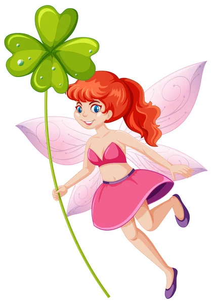 Cute Fairy Holding Lucky Clover Cartoon Character White Background Illustration — Stock Vector
