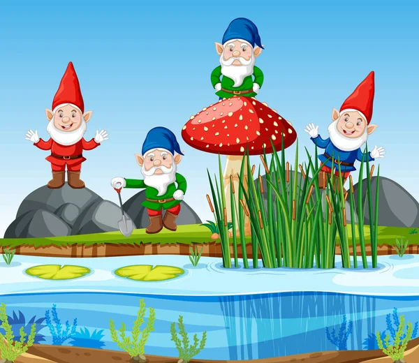 Gnomes Ομάδα Στέκεται Δίπλα Βάλτο Στην Απεικόνιση Στυλ Κινουμένων Σχεδίων — Διανυσματικό Αρχείο
