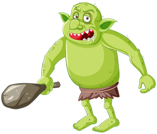 Duende Verde Troll Sosteniendo Herramienta Caza Ilustración Aislada Personaje Dibujos — Vector de stock