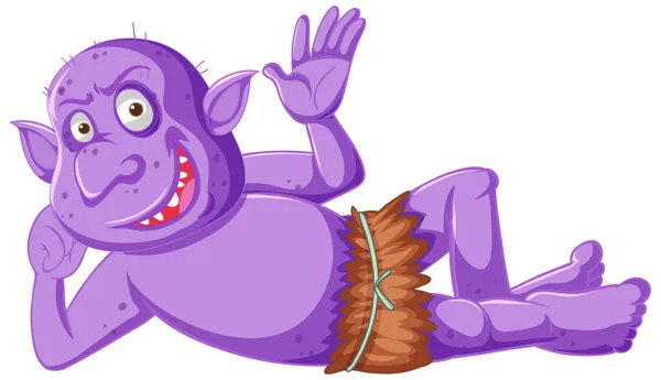 Goblin Púrpura Sonrisa Troll Mientras Está Acostado Ilustración Aislada Personaje — Vector de stock