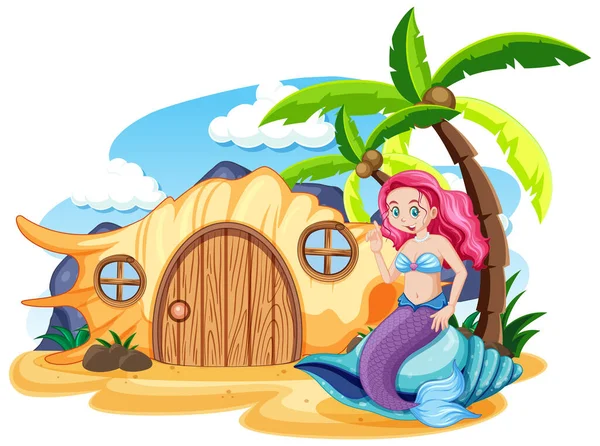 Sereia Casa Shell Estilo Cartoon Praia Céu Fundo Ilustração —  Vetores de Stock