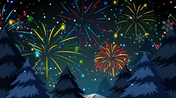 Foresta Con Celebrazione Fuochi Artificio Scena Illustrazione — Vettoriale Stock