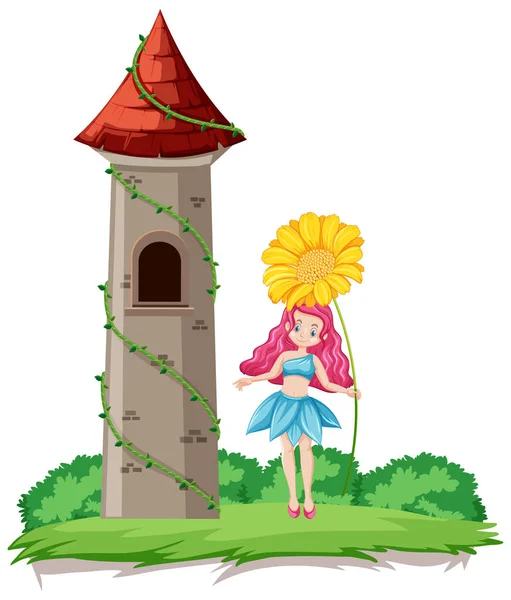 Sprookje Met Bloem Kasteel Toren Cartoon Stijl Regenboog Lucht Achtergrond — Stockvector