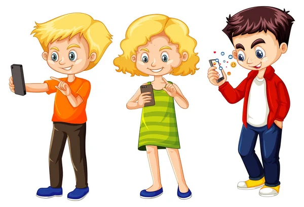 Zestaw Małych Dzieci Korzystających Ilustracji Telefonu — Wektor stockowy