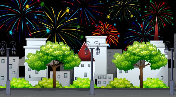 Paesaggio Urbano Con Celebrazione Fuochi Artificio Scena Illustrazione — Vettoriale Stock