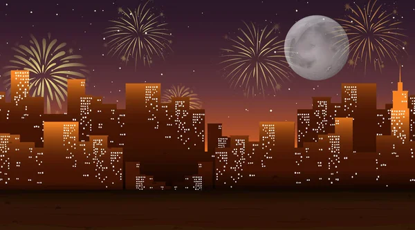 Paesaggio Urbano Con Celebrazione Fuochi Artificio Scena Illustrazione — Vettoriale Stock