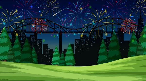 Paesaggio Urbano Con Celebrazione Fuochi Artificio Scena Illustrazione — Vettoriale Stock