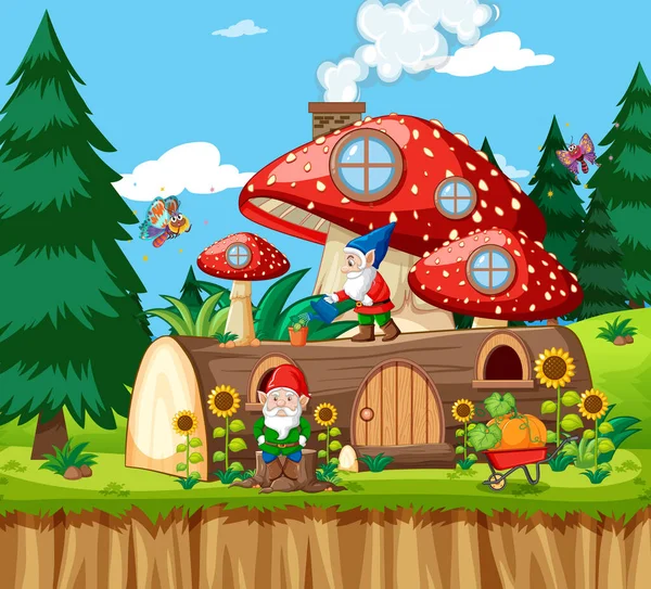 Gnomes Timber Mushroom House Garden Cartoon Style Garden Background Illustration — Stock Vector
