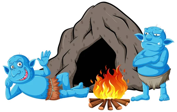 Goblins Trollen Met Grot Huis Kampvuur Cartoon Stijl Geïsoleerde Illustratie — Stockvector