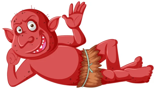 Czerwony Goblin Lub Troll Uśmiech Leżąc Postaci Kreskówki Odizolowanych Ilustracji — Wektor stockowy