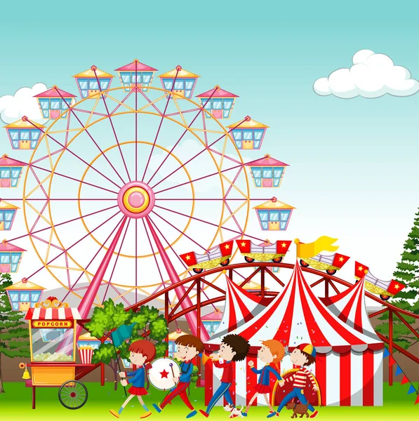Nöjespark Med Cirkus Och Pariserhjul Bakgrund Illustration — Stock vektor