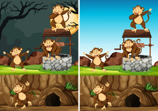 Grupo Monos Salvajes Muchas Poses Estilo Dibujos Animados Parque Animales — Vector de stock