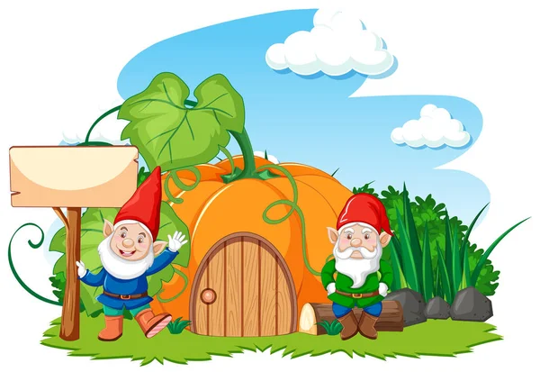 Gnomes Pumpkin House Cartoon Style White Background Illustration — Stock Vector