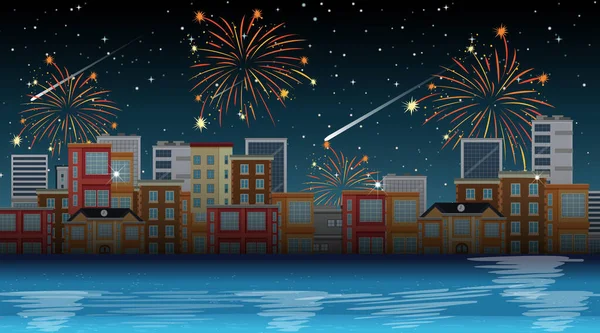 Stadtbild Mit Feier Feuerwerk — Stockvektor